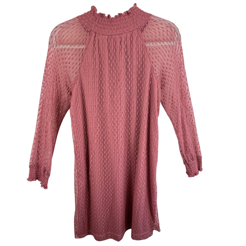 Nina Leonard Womens Dusty‎ Rose Pink Smocked Mock Neck Lace Dress Size Large - Picture 3 of 9